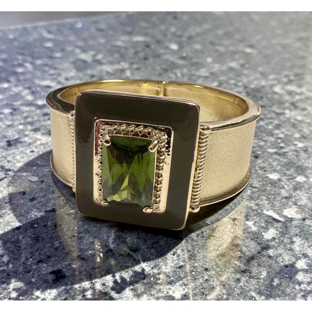 Art Deco Geometric Green Stone Hinged Cuff Bracelet | Statement Modernist